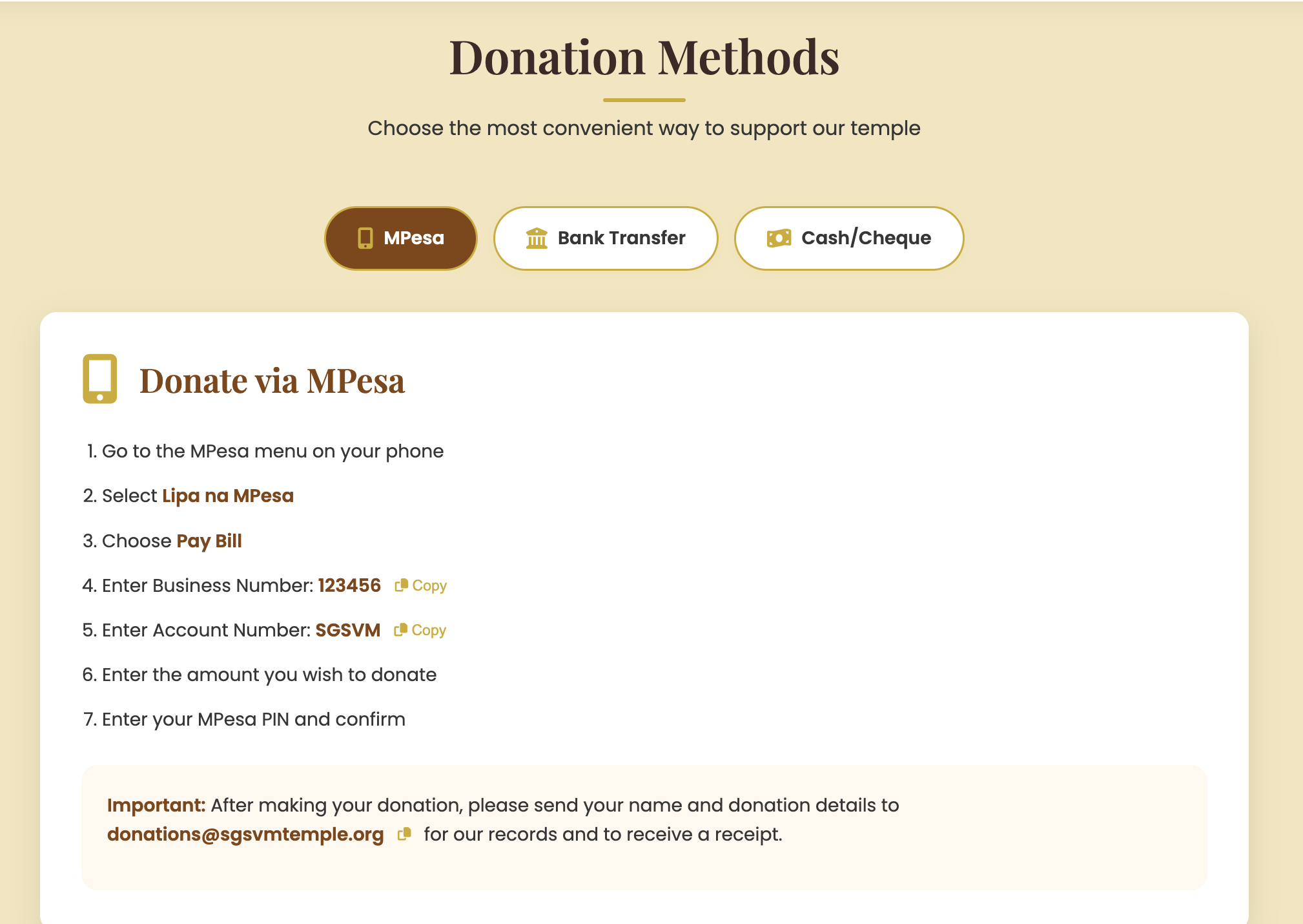 SGSVM Temple - Donation Page